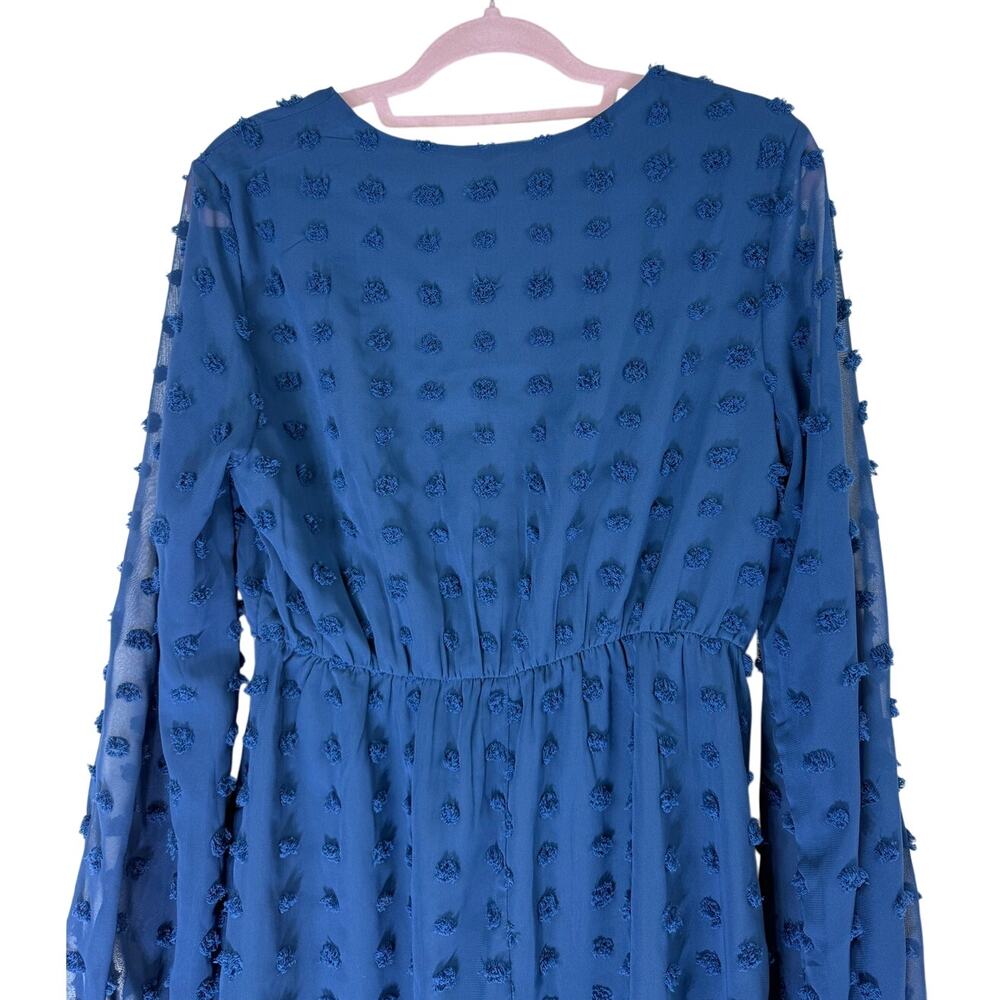 Kirundo Blue Long Sleeve V-neck Swiss Dot High Waist Chiffon Mini Dress Size M - Picture 6 of 10